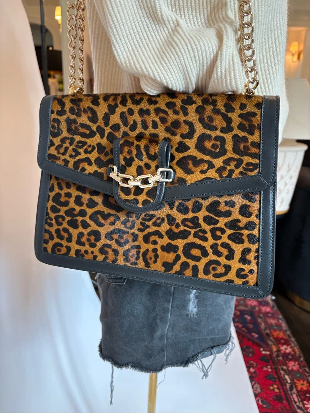 Italian Leather & Leopard Calf Hair Shoulder Bag with Gold Chain